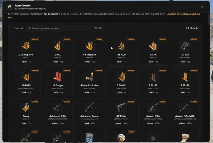 Preview of [FREE] spoodyItemCreator | In-game item creator tool for ox_inventory