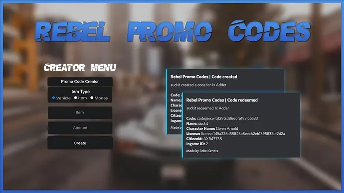 Preview of Rebel Promo Codes | Simple Promo Code Creator [QB]