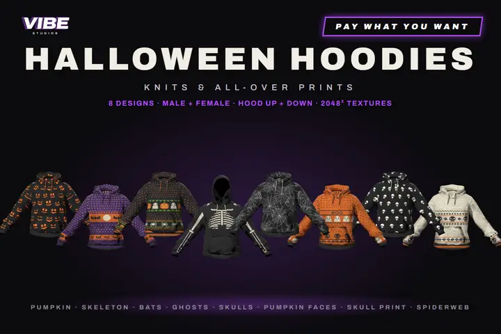 Preview of Halloween Hoodies – 8 Designs, Male & Female, Hood Up/Down - Addon Clothing